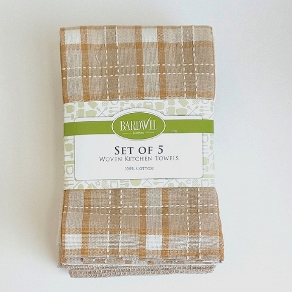 NWT Set Of 5 Woven Kitchen Towels 16" x 26" Khaki Natural Neutral Themed Colors